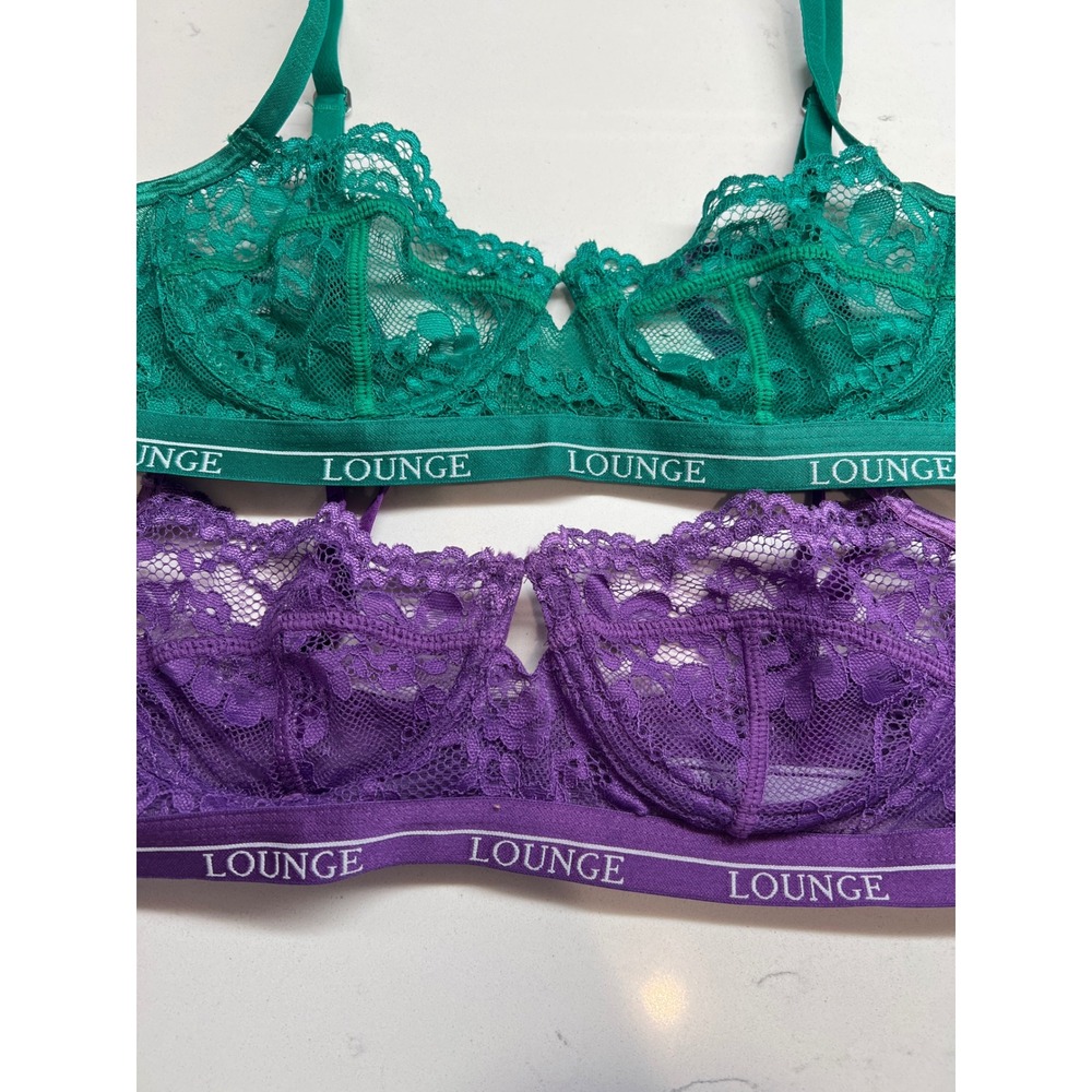 Lounge Underwear Blossom Balcony Bra Set Green Purple Lace 34B 2 Pack